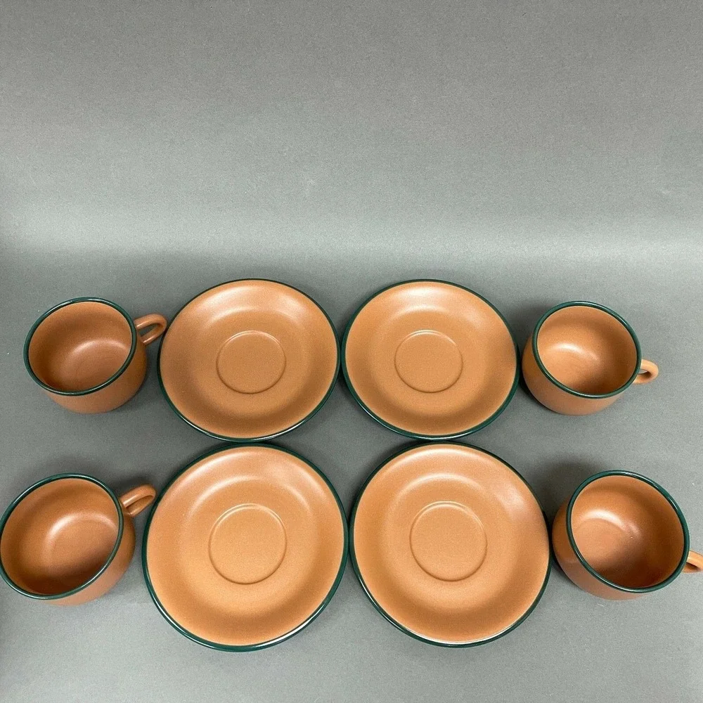 Vintage Brown Green‎ Trim Cups and Saucers Mexico? Lot of 8